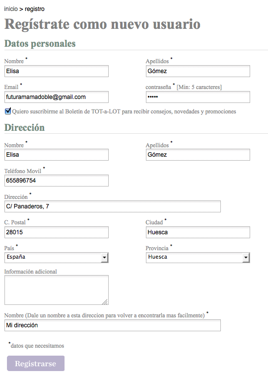 Datos de registro Datos de registro